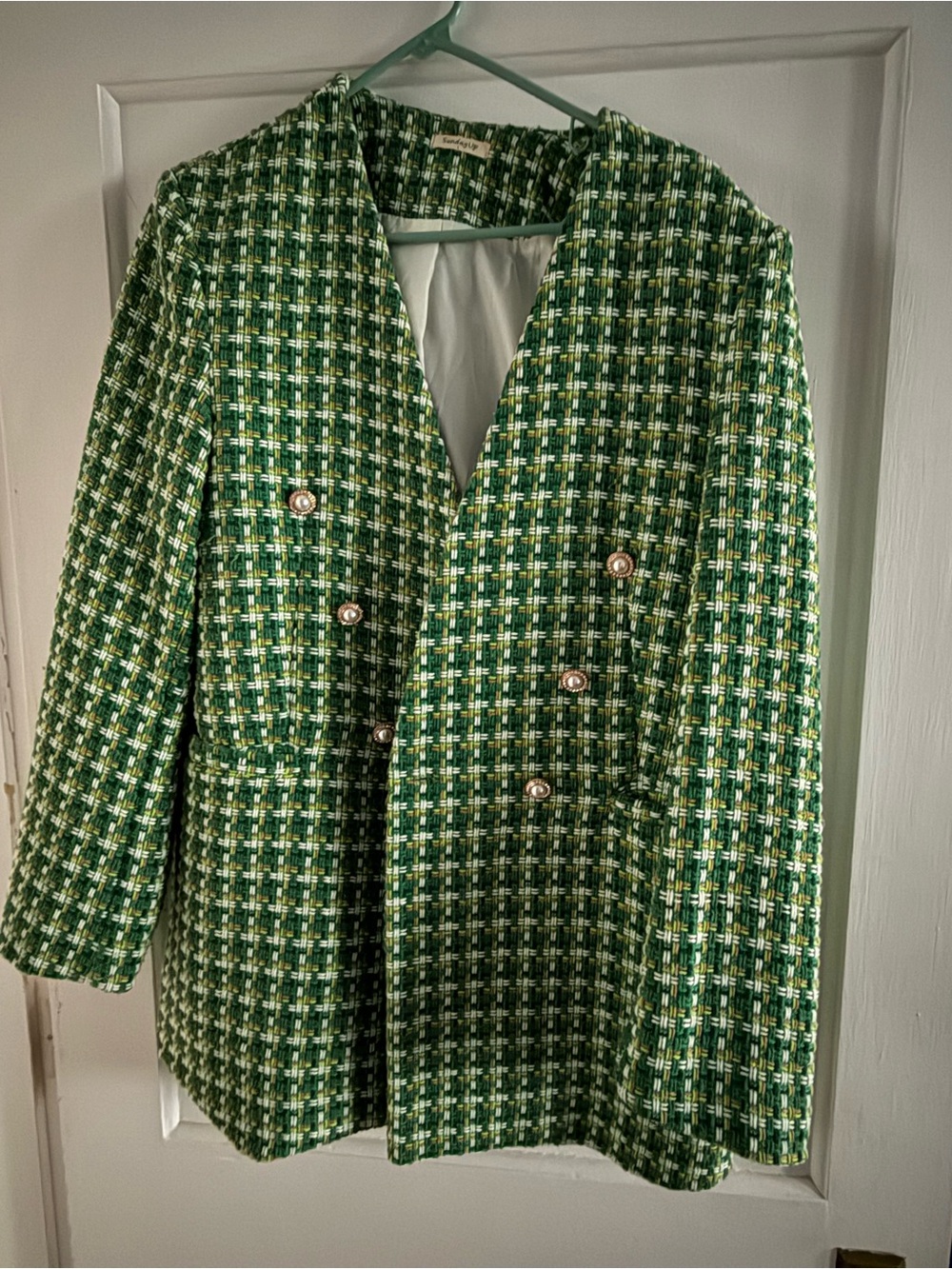 Sunday Green Plaid Tweed Double-Breasted Blazer